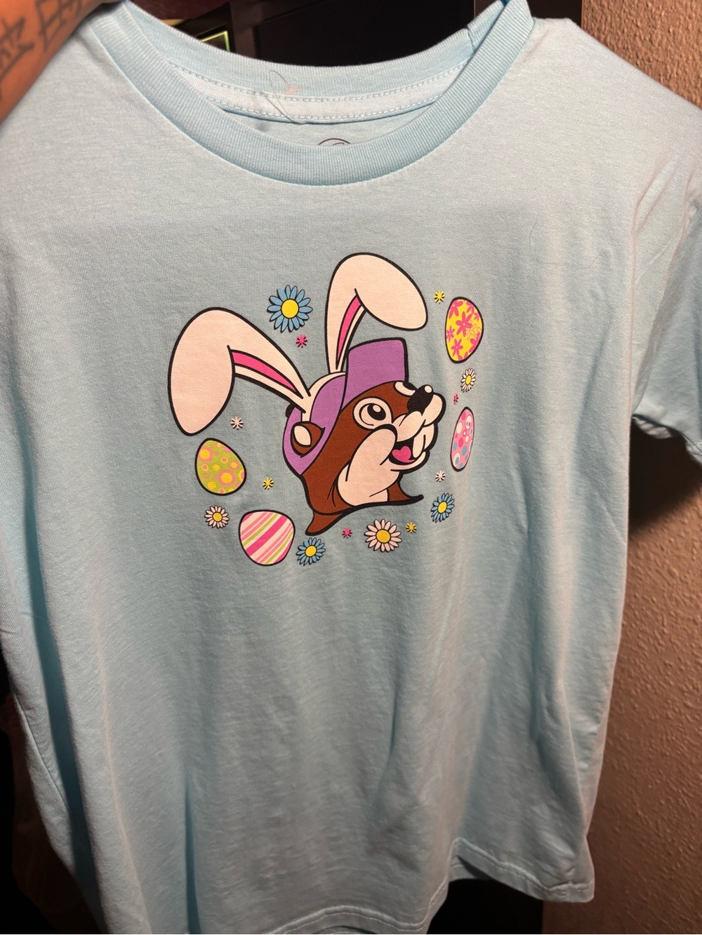 Buc-cee’s Blue  Bunny Graphic Tee with Easter Eggs